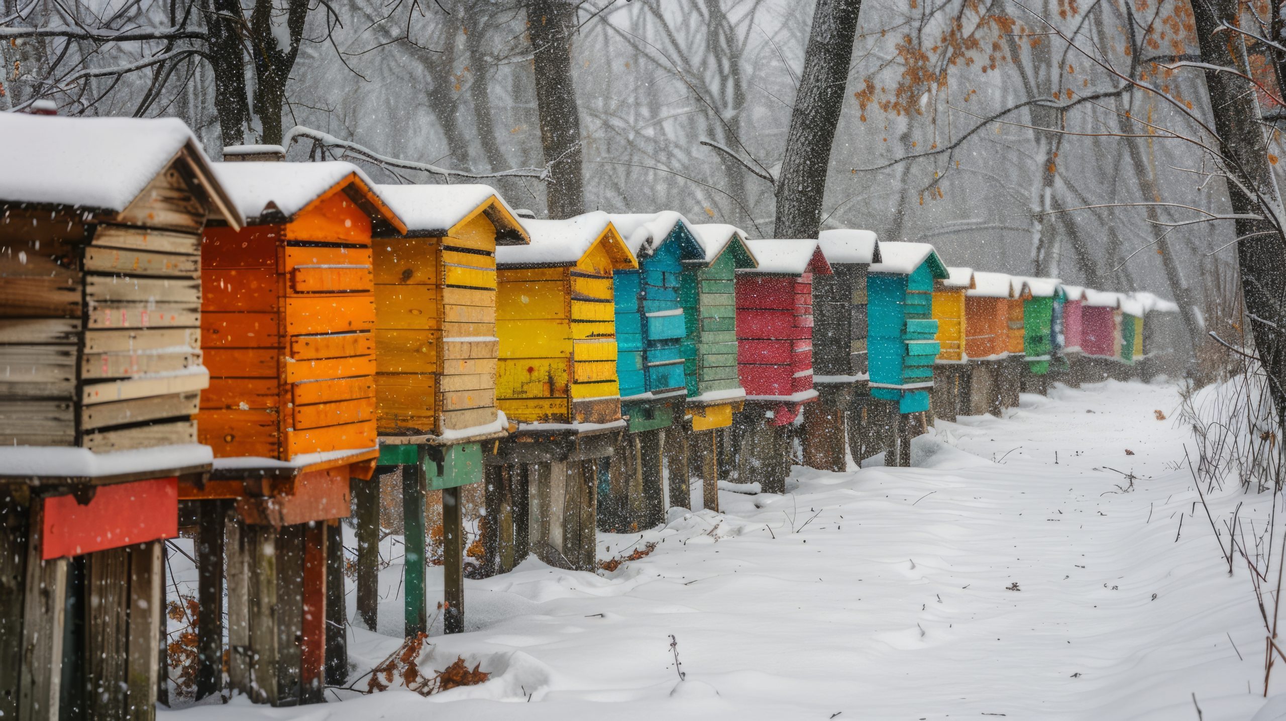 Eine Reihe an Bienenstöcken im Winter mit Schnee bedeckt
